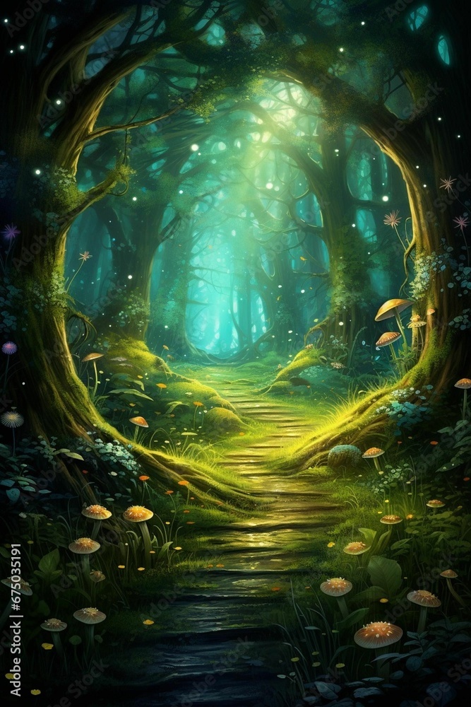 Obraz premium AI generated illustration of an idyllic tranquil forest with vibrant foliage and wildflowers