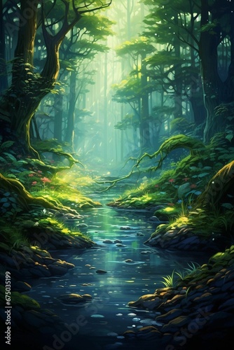 AI generated illustration of a peaceful river flowing through a wooded area  illuminated by the sun