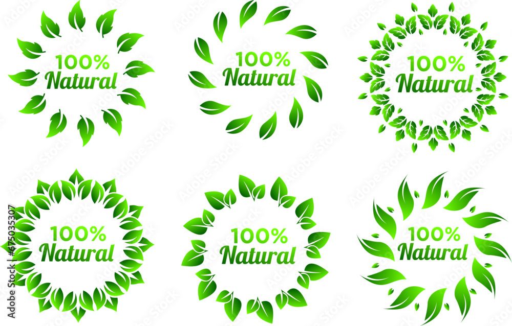 label 100% natural, bio organic, design natur circle color green, leaf label, vector eps 10
