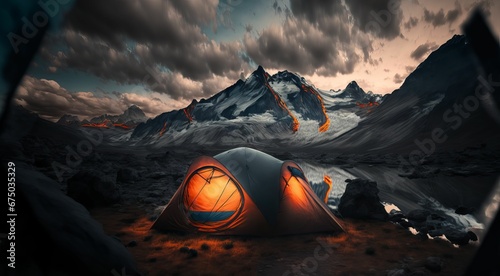 AI generated illustration of an illuminated camping tent in the snowy mountains © Wirestock
