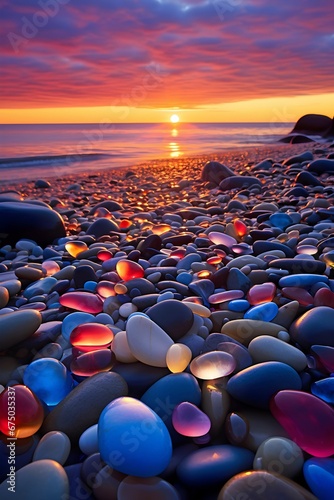 AI generated digital art of a sunset at a beach with colorful pebbles