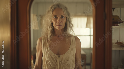 thin older woman looking into the mirror dissatisfied