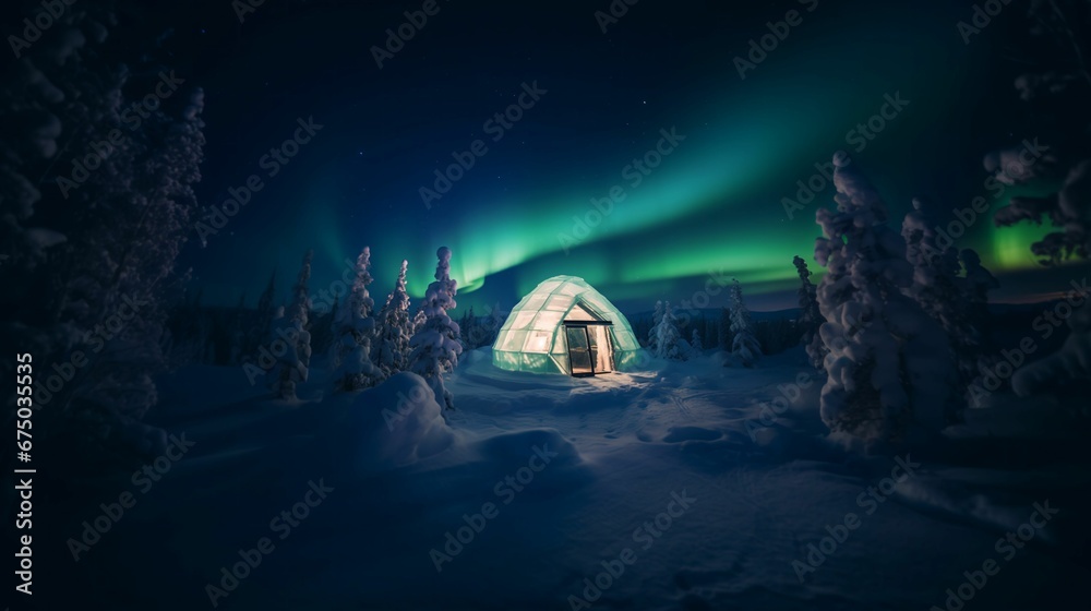 AI generated illustration of an igloo surrounded by nature with a vibrant display of aurora lights