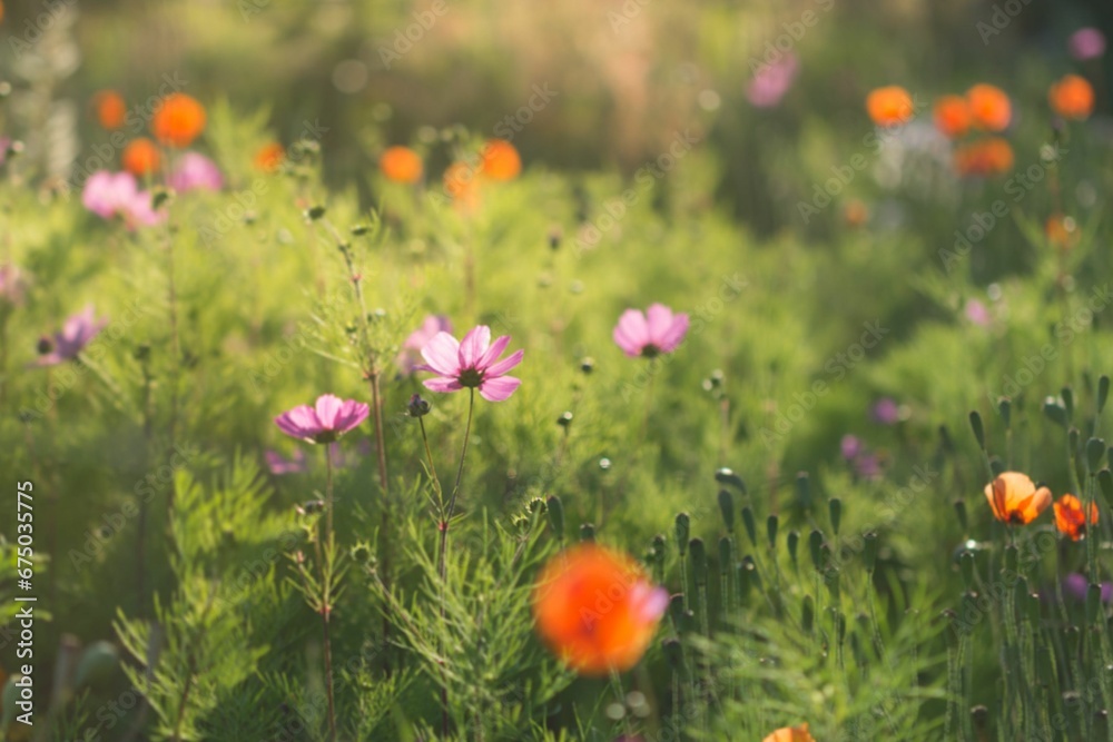 Cluster of vibrant orange and purple flowers growing in a lush green grassy field