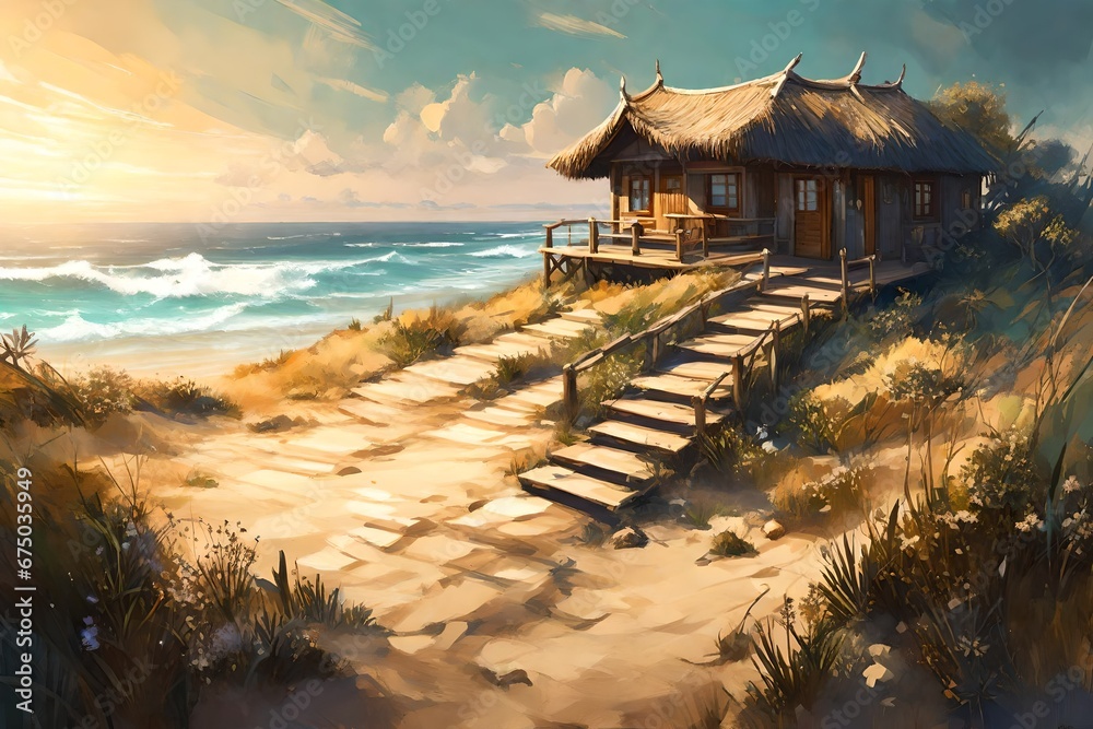 A beachside bungalow, a sandy path leading to the endless sea.