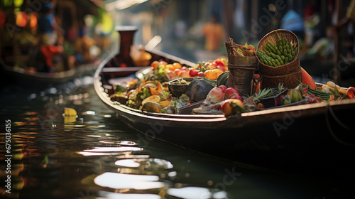 a boat with vegetables and fruit at a floating market in Thailand
