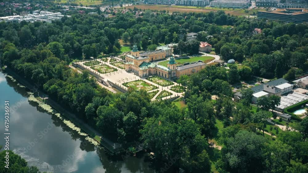 Aerial view of the royal palace in Warsaw. Poland. Wilanow Palace. Flying drones over the royal palace, a beautiful building facade at sunny autumn day