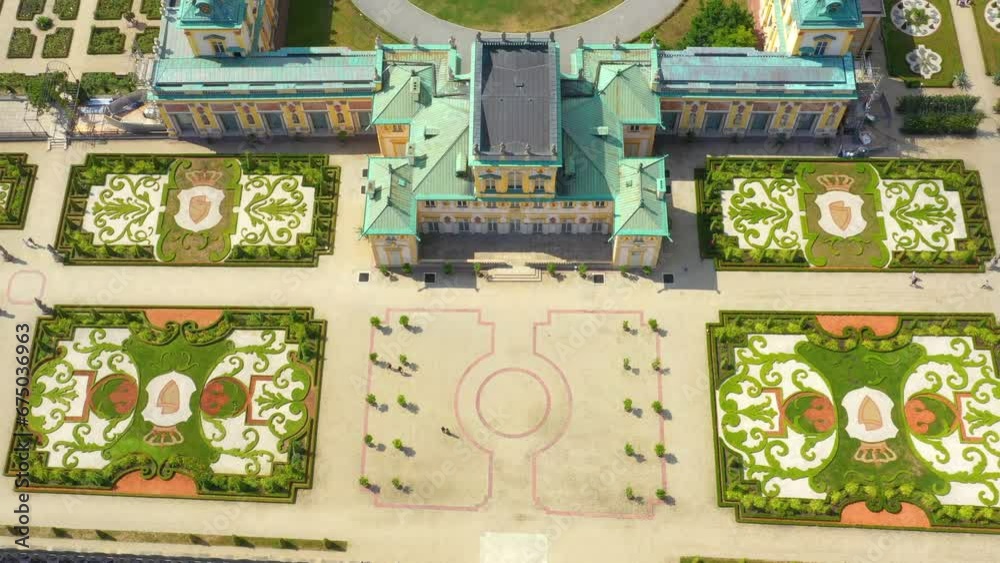 Aerial view of the royal palace in Warsaw. Poland. Wilanow Palace. Flying drones over the royal palace, a beautiful building facade at sunny autumn day Aerial view of the royal palace in Warsaw. Poland. Wilanow Palace. Flying drones over the royal palace, a beautiful building facade at sunny autumn day