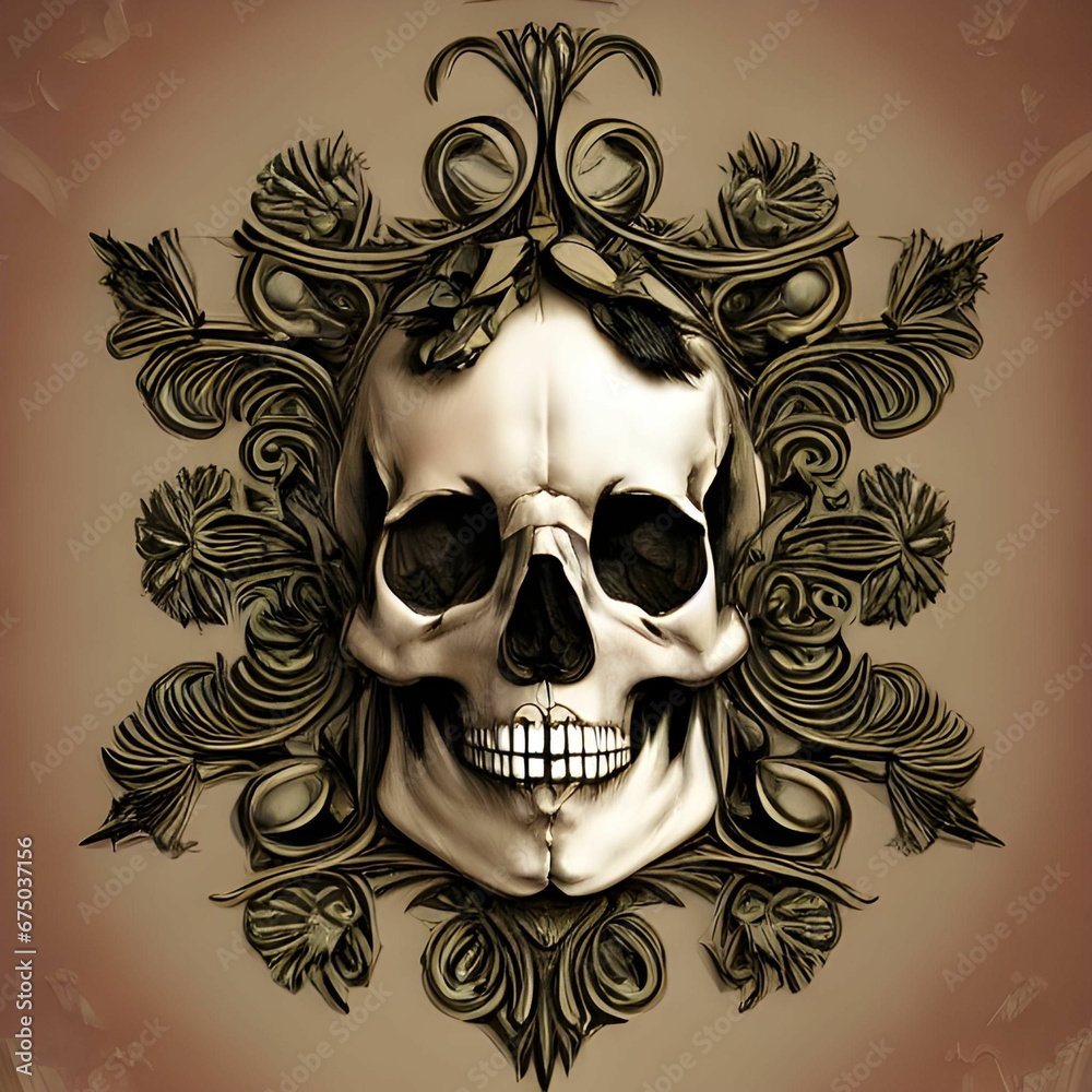 Obraz premium AI-generated illustration of a symmetrical skull, with ornamental design, on a brown background