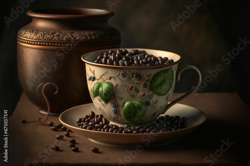 AI generated illustration of a coffee cup in Eastern style filled with a variety of coffee beans