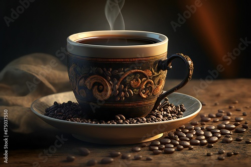 AI generated illustration of a hot steamy coffee in a Turkish coffee cup with coffee beans around it