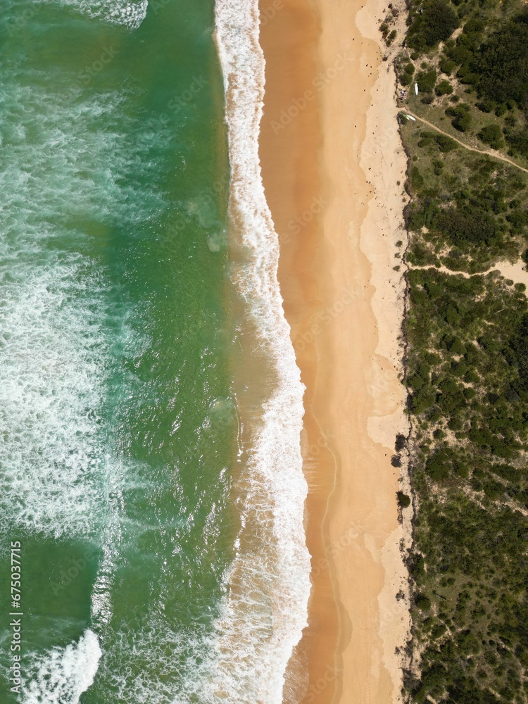 Aerial view of the scenic Tabourie Beach with forest trees nearby in Australia Aerial view of the scenic Tabourie Beach with forest trees nearby in Australia