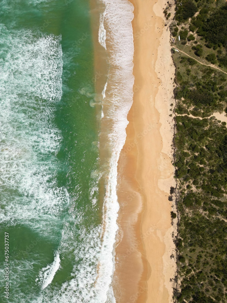 Aerial view of the scenic Tabourie Beach with forest trees nearby in Australia Aerial view of the scenic Tabourie Beach with forest trees nearby in Australia