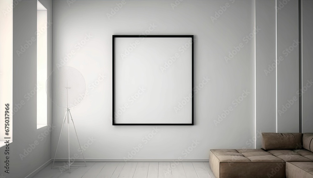 AI-generated illustration of the minimalist room interior with blank frame on the wall AI-generated illustration of the minimalist room interior with blank frame on the wall