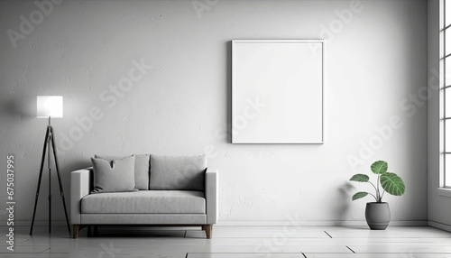 AI-generated illustration of the minimalist room interior with blank frame on the wall
