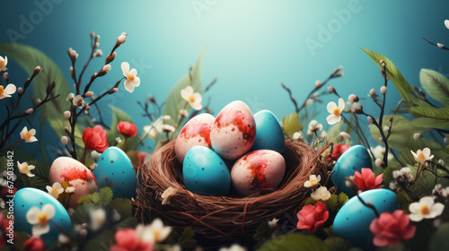 Vibrant Easter nest encircled by lush blossoms under a springtime glow