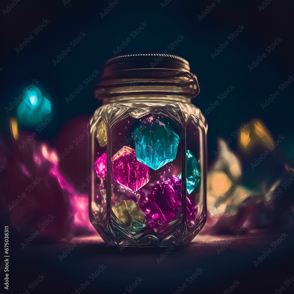 AI generated illustration of colorful and shiny precious gems in a glass jar AI generated illustration of colorful and shiny precious gems in a glass jar