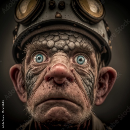AI generated illustration of a mix of old human and a mouse wearing a helmet