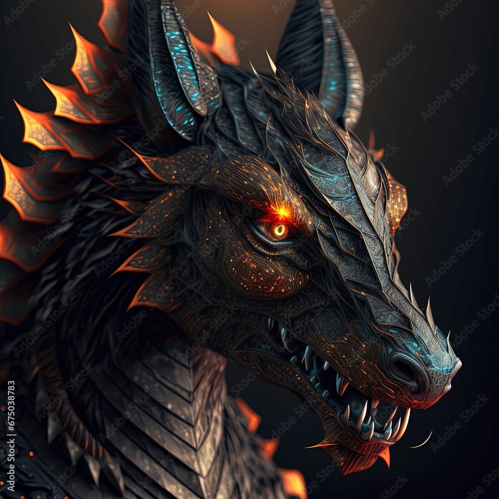 AI-generated illustration of a gray wolf with bright red eyes and a metallic outfit AI-generated illustration of a gray wolf with bright red eyes and a metallic outfit