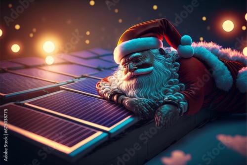 AI-generated 3d illustration of leaning on the roof Santa Claus in the background of lights