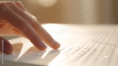 Close up of visually impaired or blind person reading Braille with hand. World Braille Day photo