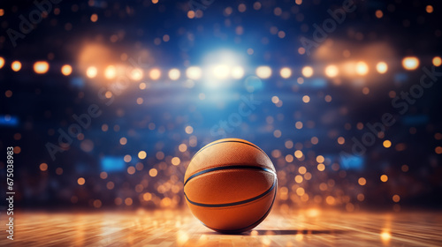 Close up of basketball ball on a large court arena floor. Basketball stadium. World basketball day © Tazzi Art