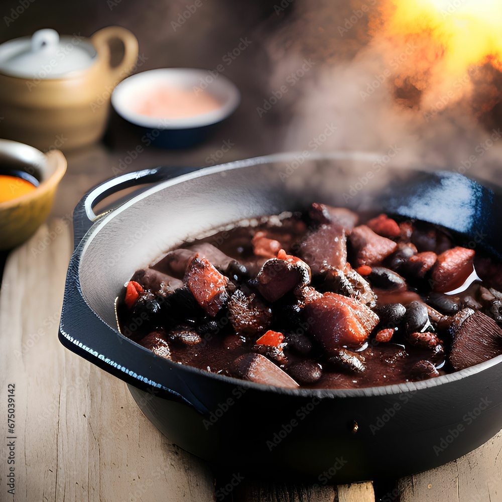 AI-generated illustration of a beef bourguignon dish in a black bowl.