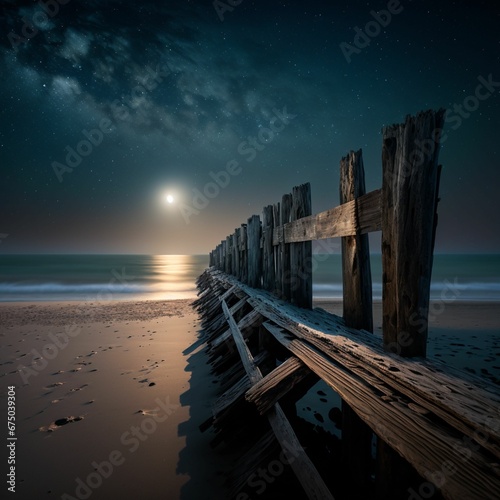AI generated illustration of a beachside wooden dock at night with moon at night