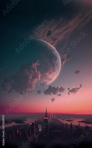 AI generated illustration of magical moon and pink sky over the New York city