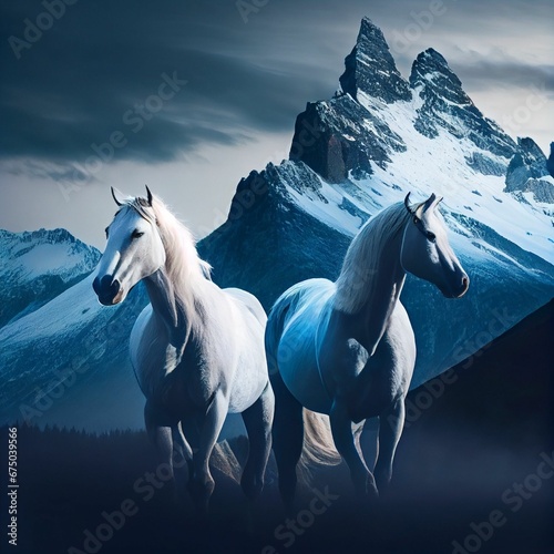 AI generated illustration of two white horses in the background of snowcapped rocky mountains