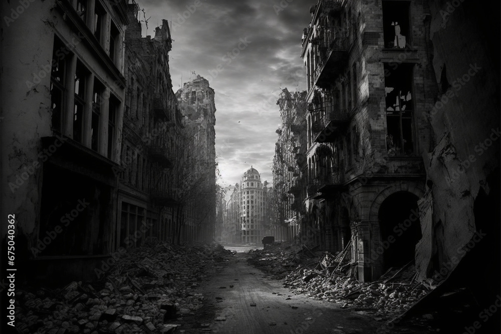 AI-generated grayscale illustration of a destroyed city
