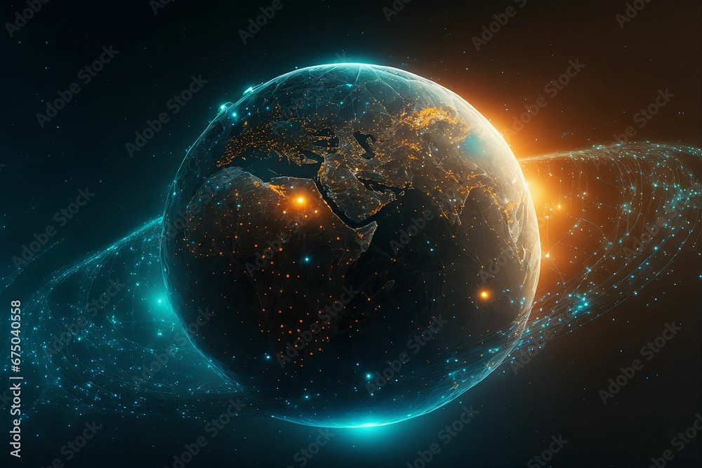 AI generated illustration of the globe with a connected network of glowing lights