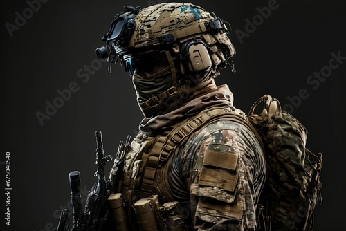 AI generated illustration of a soldier in military gear on a dark background © Wirestock