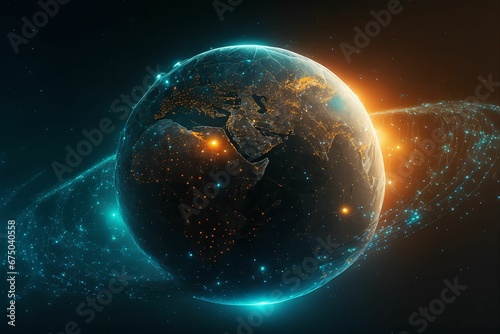 AI generated illustration of the globe with a connected network of glowing lights