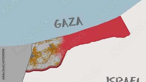 Map of Gaza strip occupied by Israel from the north - Digital simulation - on the map, you can see Gaza's neighborhoods and roads as well as Egypt's photo