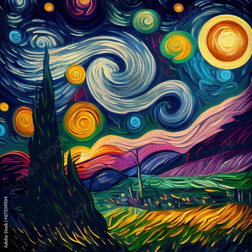 AI generated illustration of a Van Gogh style painting of a village under a starry sky