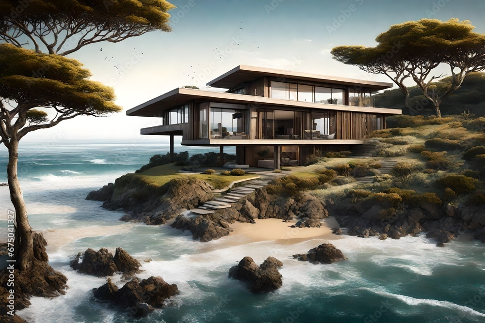 Fototapeta premium A coastal dwelling with waves gently lapping at the doorstep, a water's edge paradise.