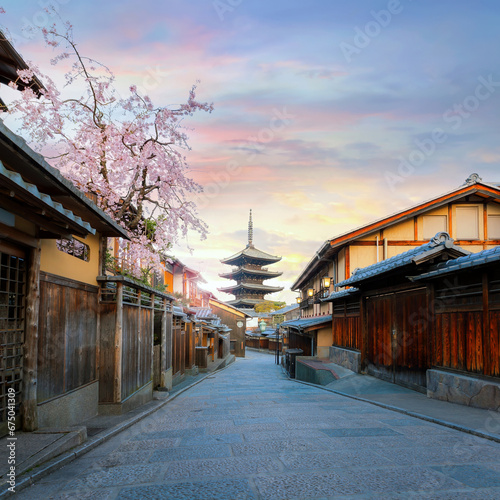 Kyoto, Japan - March 30 2023: The Yasaka Pagoda known as Tower of Yasaka or Yasaka-no-to. The 5-story pagoda is the last remaining structure of Hokan-ji Temple which is built in the 6th-century