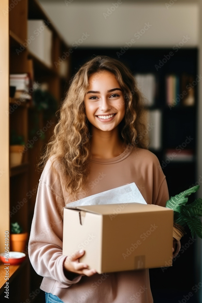 A young smiling student is standing in a dorm room and holding a box with personal belongings in her hands A young smiling student is standing in a dorm room and holding a box with personal belongings in her hands