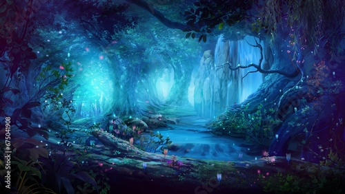 AI generated illustration of a scenic lake in a forest with flowers on its coast