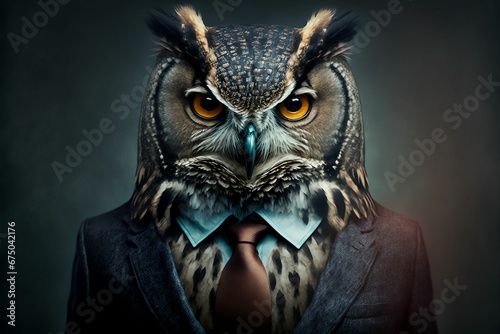 AI generated illustration of owl portrait in suit against a gray background photo