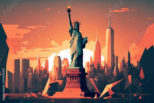 AI generated illustration of the Statue of Liberty near the New York skyline