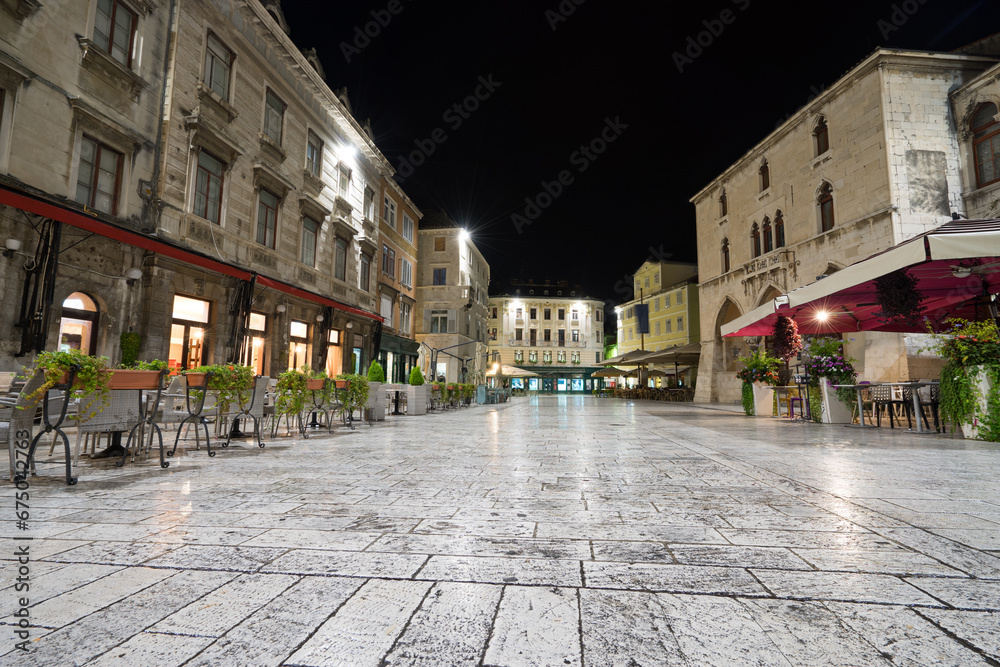 Old square in Split night view, Dalmatia, Croatia