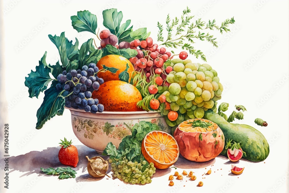 AI-generated illustration of organic fruits in a vase - the colorful harvest nature mort - obrazy, fototapety, plakaty 