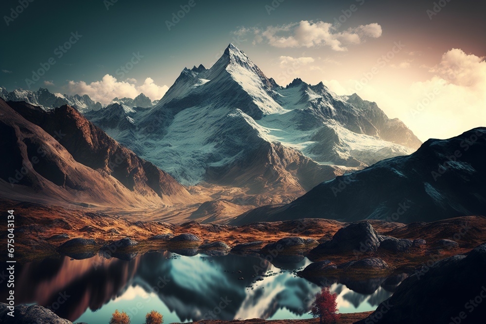 AI generated illustration of a lake against rocky mountains covered with snow at sunset