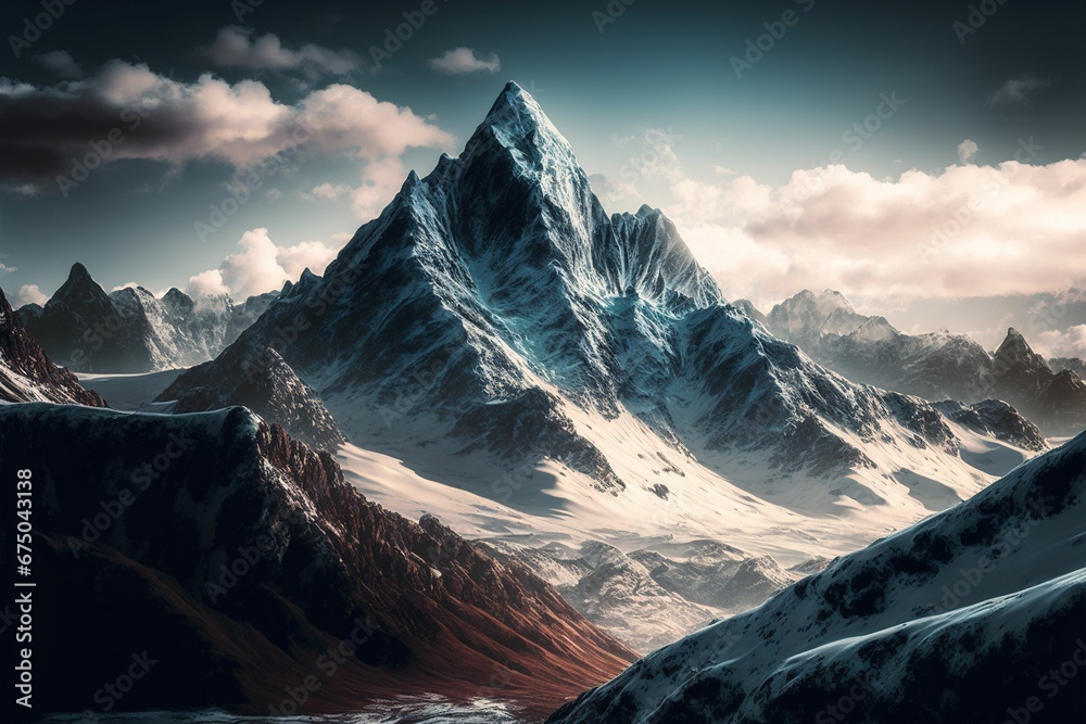 AI generated illustration of rocky mountains covered with snow at sunset - obrazy, fototapety, plakaty 