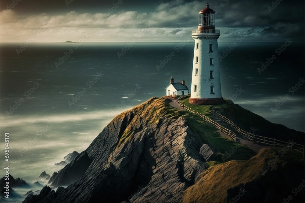 AI generated illustration of a lighthouse on top of a green hill against a stormy sea