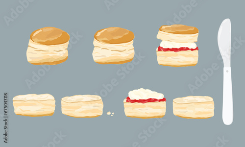 Scones, clotted cream and jam. Classic english cream tea. Hand drawn vector illustration.	
