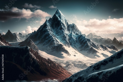AI generated illustration of rocky mountains covered with snow at sunset photo