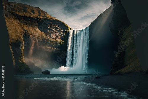 AI generated illustration of a waterfall flowing down the green hills into a lake on a cloudy day